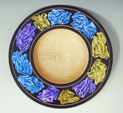 Sycamore. 200 mm diameter. Blues and gold iridescent paint on rim. ref 17.12