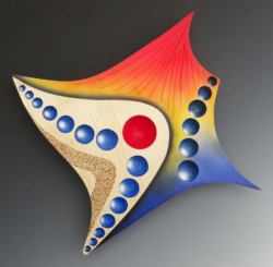 Sycamore. 300 x 300 mm wall hanging. Turned, cut, drilled and airbrushed. Ref 16.04