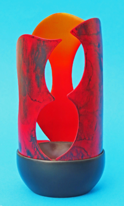 Sycamore. 90mm diameter x 150 mm high. 3 'ribbons removed for marbling then re-fixed to black base. Airbrushed inside. Ref 11.01