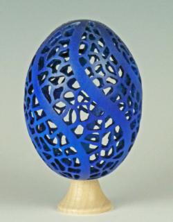 Sycamore. 70 mm diameter. Airbrushed blue + silver. Pierced with dental drill. Ref 11.28